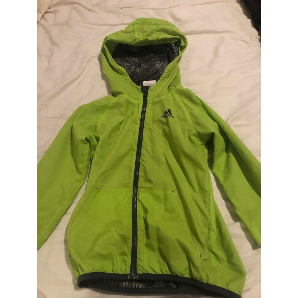 Adidas Unisex Kids Lime Green Mesh Lining Full Zip Hooded Windbreaker Size 7